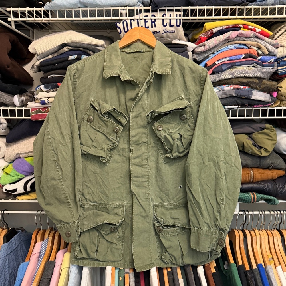 Vintage Military Jungle Fatigue Jacket Mens Olive Drab Green Ripstop Combat Coat